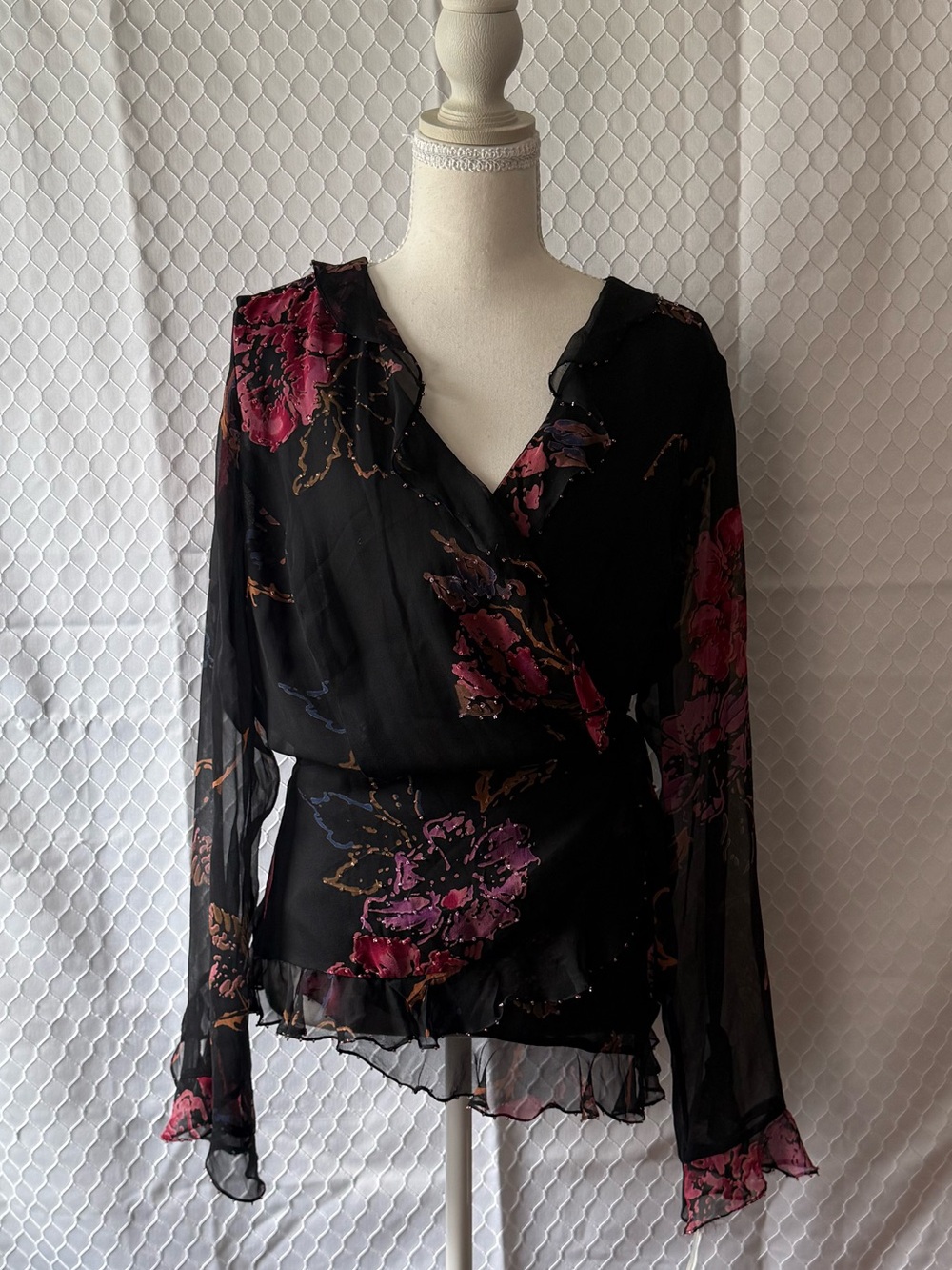 ICE 100% Silk Shell Black Floral Sheer Wrap Blouse XL Beaded Ruffle Top